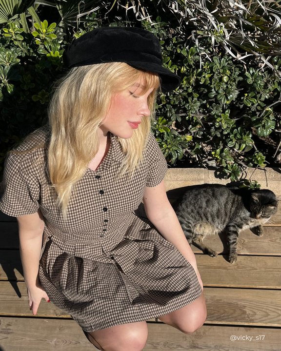 The Brown Lapel Pleated Plaid Mini Dress 