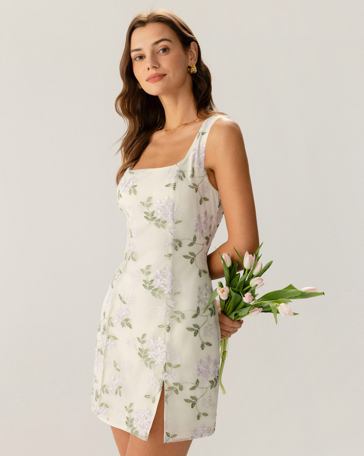 The Beige Square Neck Embroidery Slit Slip Mini Dress 