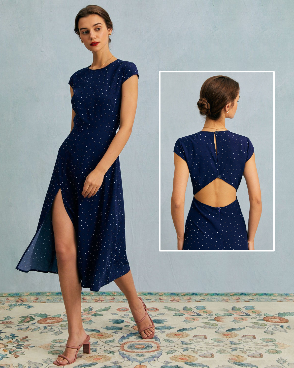The Navy Round Neck Polka Dot Cutout Midi Dress 